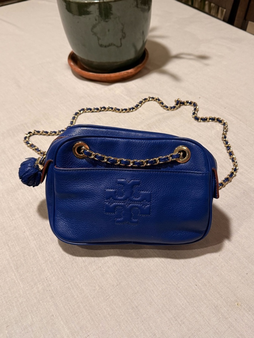 Tory Burch Royal Blue Leather Chain Strap Crossbody Bag Tassel Logo Purse